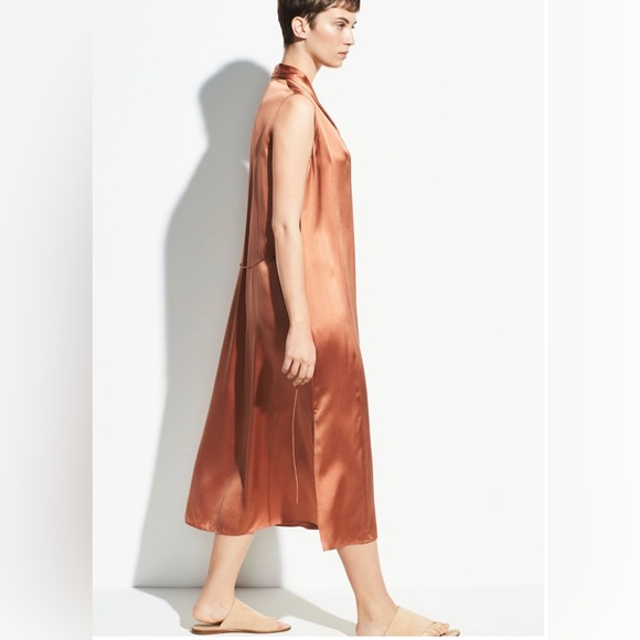 Vince Sleeveless Drape Neck Silk Dress Cliff Ember Medium - Picture 2 of 3
